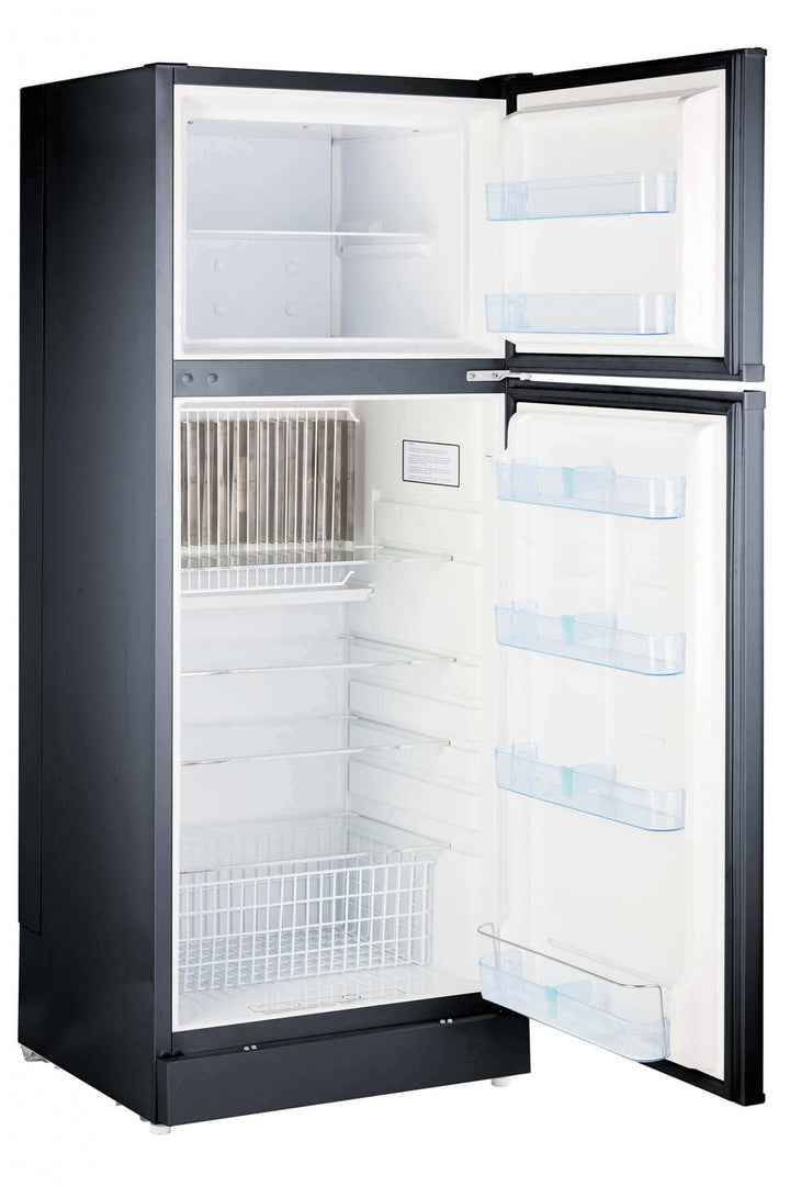 Unique 14 CU/FT Propane Refrigerator UGP-14C with open doors showing adjustable glass shelves and spacious interior.