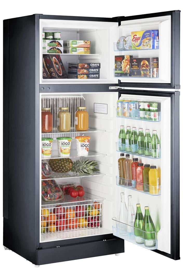 Unique 14 CU/FT Propane Fridge with open doors showing spacious interior and adjustable shelves, perfect for family use.