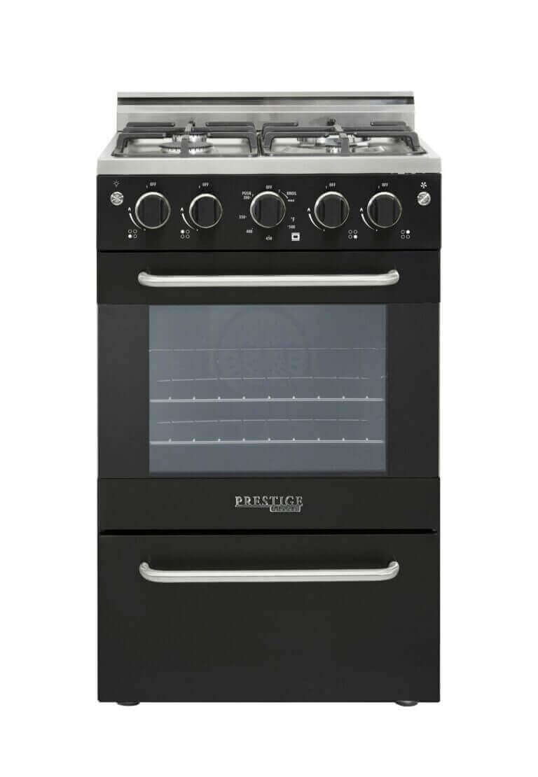 Unique Prestige 20" Convection Gas Range with Electronic Ignition, stainless steel design, cast-iron grates, and sealed burners.