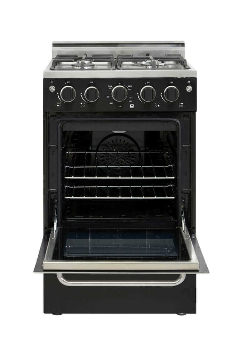 Unique Prestige 20" Convection Gas Range with electronic ignition, open oven door, cast-iron grates, and sealed burners.