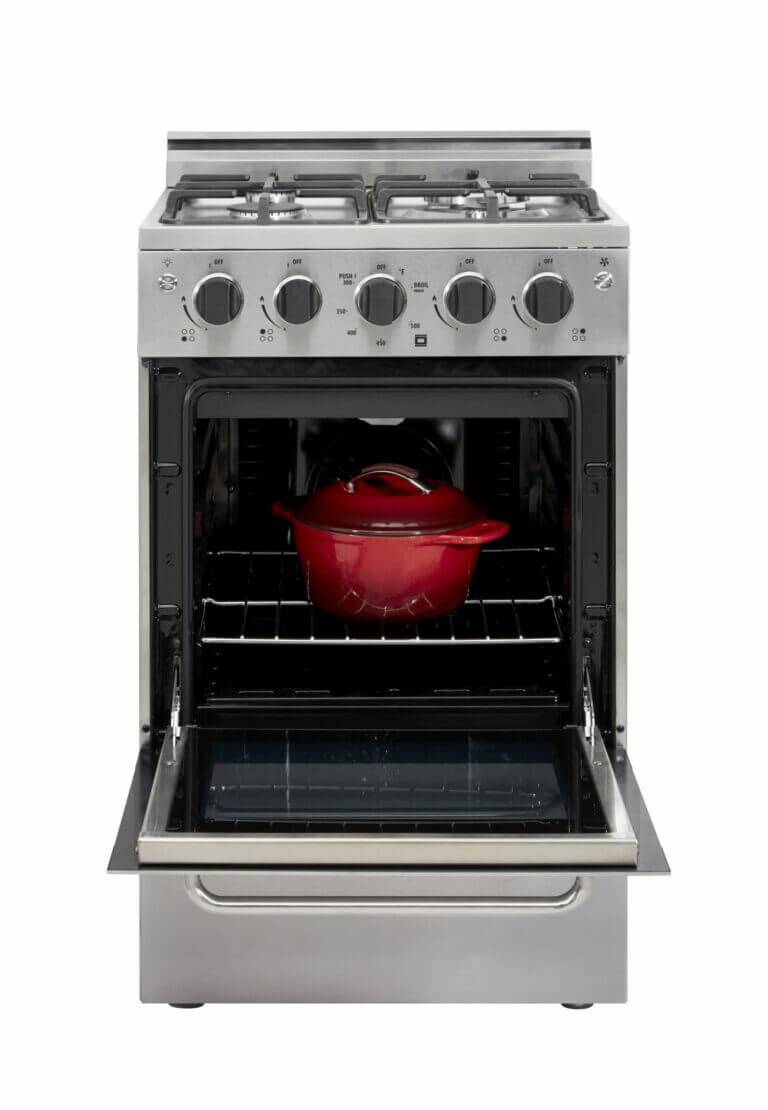 Unique Prestige stainless convection gas range with open oven and red pot, featuring electronic ignition and cast-iron grates.