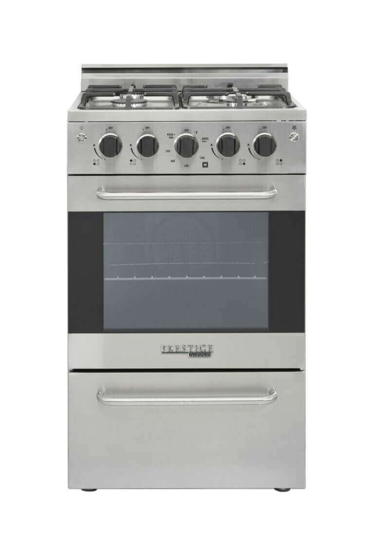 Unique Prestige 20" stainless steel convection gas range with electronic ignition and cast-iron grates.